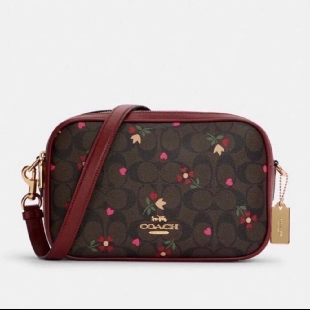 Coach Jes Red Leather Crossbody In Signature Canvas With Heart Petal Print - Picture 1 of 11